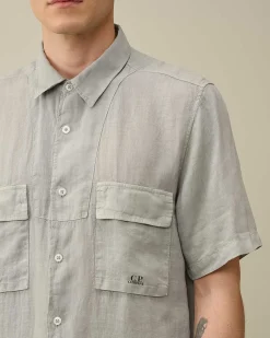 C.P. Company Linen Short Sleeved Shirt Drizzle Grey Discount