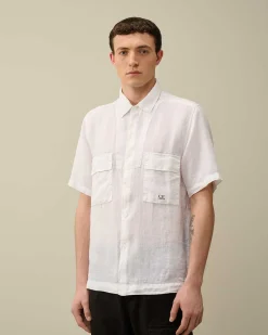 C.P. Company Linen Short Sleeved Shirt Gauze White Best Sale