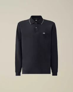 C.P. Company Stretch Piquet Regular Long Sleeved Polo Shirt Total Eclipse-Blue Discount