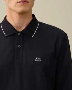 C.P. Company Stretch Piquet Regular Long Sleeved Polo Shirt Total Eclipse-Blue Discount