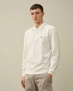 C.P. Company Stretch Piquet Regular Long Sleeved Polo Shirt Gauze White Clearance