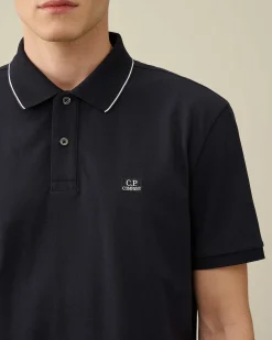 C.P. Company Stretch Piquet Regular Striped Collar Polo Shirt Total Eclipse-Blue New