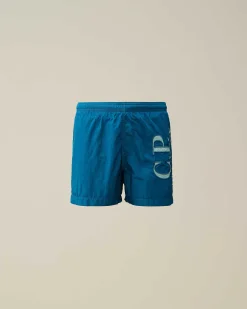 C.P. Company U16 Chrome-R Logo Print Swim Shorts Ink Blue Store