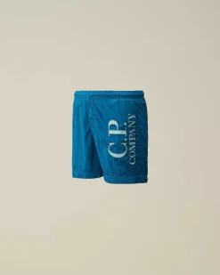 C.P. Company U16 Chrome-R Logo Print Swim Shorts Ink Blue Store