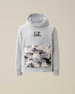 C.P. Company U16 Light Fleece Mixed Graphic Hoodie Grey Melange Hot