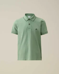 C.P. Company U16 Stretch Piquet Logo Striped Collar Polo Shirt Green Bay Online