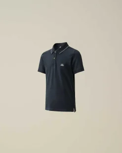 C.P. Company U16 Stretch Piquet Logo Striped Collar Polo Shirt Total Eclipse-Blue Cheap