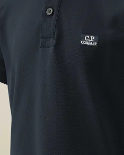 C.P. Company U16 Stretch Piquet Logo Striped Collar Polo Shirt Total Eclipse-Blue Cheap