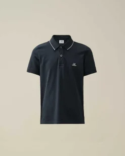 C.P. Company U16 Stretch Piquet Logo Striped Collar Polo Shirt Total Eclipse-Blue Clearance