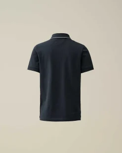 C.P. Company U16 Stretch Piquet Logo Striped Collar Polo Shirt Total Eclipse-Blue Clearance