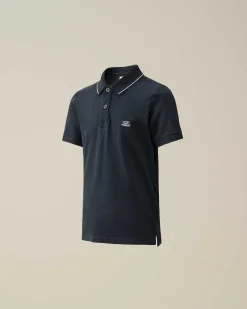 C.P. Company U16 Stretch Piquet Logo Striped Collar Polo Shirt Total Eclipse-Blue Clearance