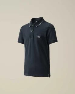 C.P. Company U16 Stretch Piquet Logo Striped Collar Polo Shirt Total Eclipse-Blue Flash Sale